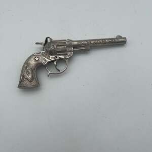 Vintage Star Silver Cap Gun Revolver - Engraved Die-Cast Metal Toy